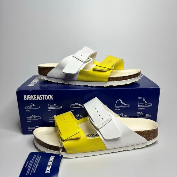 Birkenstock Arizona Split Two Strap Sandals in White/Lime Sour (Narrow) - Picture 1 of 9